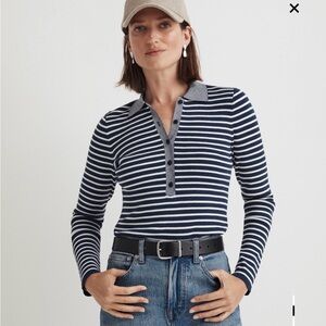 Madewell The Signature Knit Polo Sweater Top, striped navy, size Medium